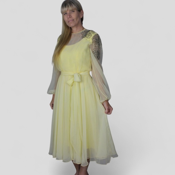 Vintage 60s Semi Sheer Yellow Chiffon Silver Floral Beaded Party Cocktail Dress - Picture 1 of 8